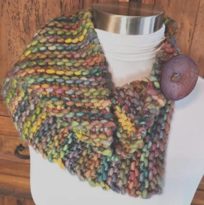 Handknit Chunky Wool Blend Neck Warmer in Watercolor Variegated Colors w/ Button - Picture 1 of 3