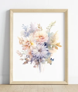 Pastel Flowers Wall Art Print, Floral Wall Art Decor, Pastel Floral Bouquet - Picture 1 of 2