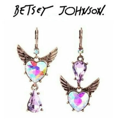 US Seller Betsey Johnson Gold-Tone Winged Heart Mismatch Earrings Pearl Flower - Image 1 of 4
