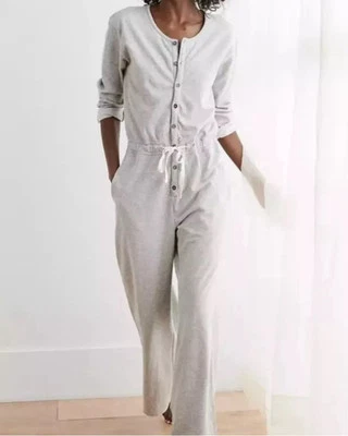 New Aerie Weekend Sweatsuit Jumpsuit Gray Drawstring Wide Leg Buttons Size L - Image 1 of 4