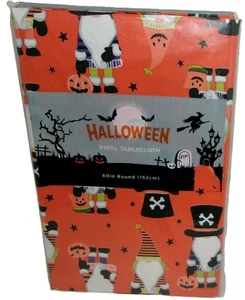 HALLOWEEN Vinyl Tablecloth ~ 60" Round ~ Seats 4-6 ~ HALLOWEEN GNOMES - Picture 1 of 1