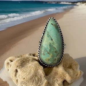 Size 8.5 Peruvian Turquoise Gemstone Ring - 925 Sterling Silver plated- New - Picture 1 of 4