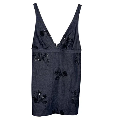 Zara Dress Womens Large Denim Sleeveless Deep V Neck Sequin Floral Mini Party - Image 1 of 4