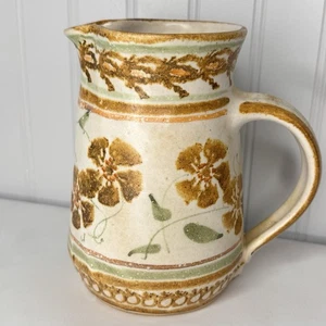 Vintage Art Studio Pottery Pitcher Stoneware Floral Earth Tone Signed Floral MCM - Picture 1 of 9
