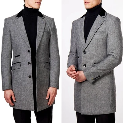 Men Gray Herringbone Coat Single Breasted Jacket Notch Lapel Cashmere Tweed - Image 1 of 4