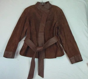 Ashley Stewart Jacket Womens 1X 100%  Suede Mid Length Belted Coat Jacket Brown - Picture 1 of 11