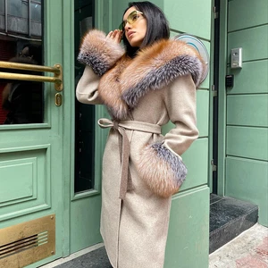 Fashion Women Real Fox Fur Hood Collar Wool Cashmere Overcoat Nature Fur Coats - Picture 1 of 6