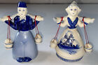 Pair Vintage Delft Blue Dutch Girls Milk Maid With Carry Buckets Water Holland