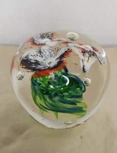Gorgeous Globe Paperweight Orange Flowers Blue  Butterflies Inside Glass Art 3"  - Picture 1 of 12