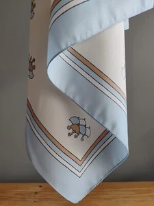 Vintage Faux Silk Scarf Baby Blue Umbrella Print Striped Bordered Cream Beige - Picture 1 of 6