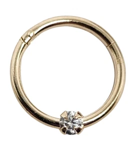 9ct Gold Nose Ring 2mm CZ Stone Hinged Hoop 18g (1.0mm) Daith Tragus Septum Gold - Picture 1 of 12
