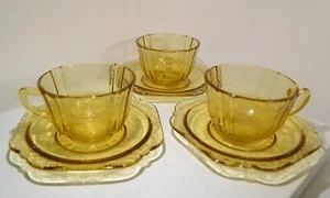 Federal Glass Recollection (Madrid) '76 Amber Yellow Cups & Saucers 3 Sets - Picture 1 of 11