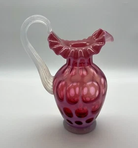 Fenton Coin Dot Cranberry Pink Opalescent Ruffled Top Pitcher Signed - Picture 1 of 6