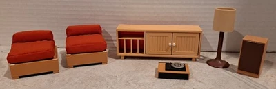 Vintage TOMY Smaller Homes Dollhouse Furniture Stereo Cabinet-Speaker- 2 Chairs - Image 1 of 4