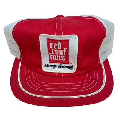 Gorra de camionero vintage roja Roof Inns hecha en EE. UU. años 80 90 parche a rayas swingster Foto 1 de 4