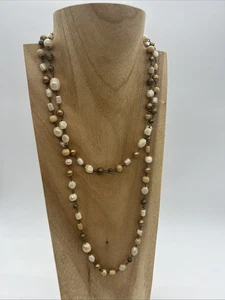 Vintage Apricot Lustre Glass Long Necklace Hand Wired Rope Beads Brass Copper - Picture 1 of 22