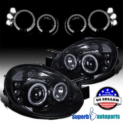 Fits 2003-2005 Dodge Neon LED Dual Halo Projector Smoked Headlight Glossy Black - Image 1 of 4