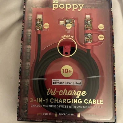 XO Poppy Fast Tri-Charging USB-C Micro USB 10 FT Cable Skull Day Of The Dead - Image 1 of 4