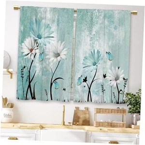 Farmhouse Flower Kitchen Curtains Teal 27.5"W x 39"L (Pack of 2) 04_teal_daisy - Picture 1 of 8