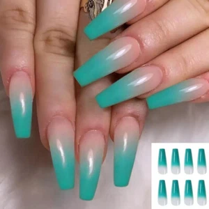 24 Press on Nails kit w Glue extra long Coffin nude teal ombre blue green - Picture 1 of 4