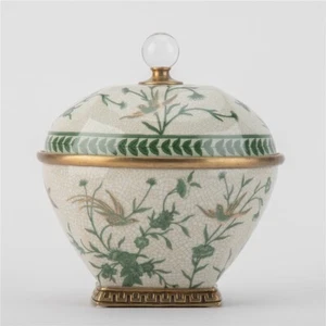 VERDANT FLIGHT BIRD MOTIF GREEN PORCELAIN BRONZE ORMOLU BOX WITH CRYSTAL FINIAL - Picture 1 of 6
