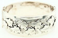 Vintage Sterling Silver Hinged Bangle Leaf Style Front Fine Jewellery