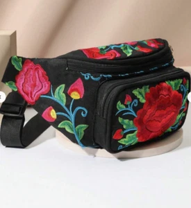 UK Black Canvas Embroidered Floral Two Section Bum Fanny Waist Sling Bag 848 - Picture 1 of 11