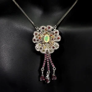Collar De Plata Esterlina 925 Óvalo Ópalo De Fuego Rodolita Zafiro Joyería - Imagen 1 de 10