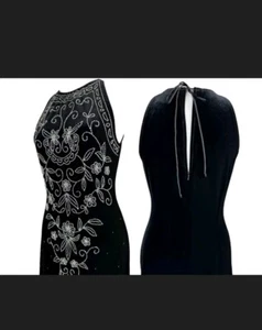 STENAY...VTG 90S *Black beaded Long soft BLACK VELVET dress*SEE*(M/L) - Picture 1 of 8