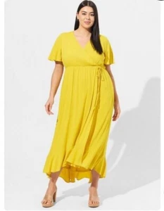 NEW Torrid women's 1X Maxi Rayon Slub Surplice Wrap Dress Flutter Sleeve yellow - Picture 1 of 13
