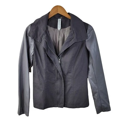 Monoreno Moto Jacket Size XS Zip Up Faux Leather Sleeve Canvas Grey gray - Image 1 of 4