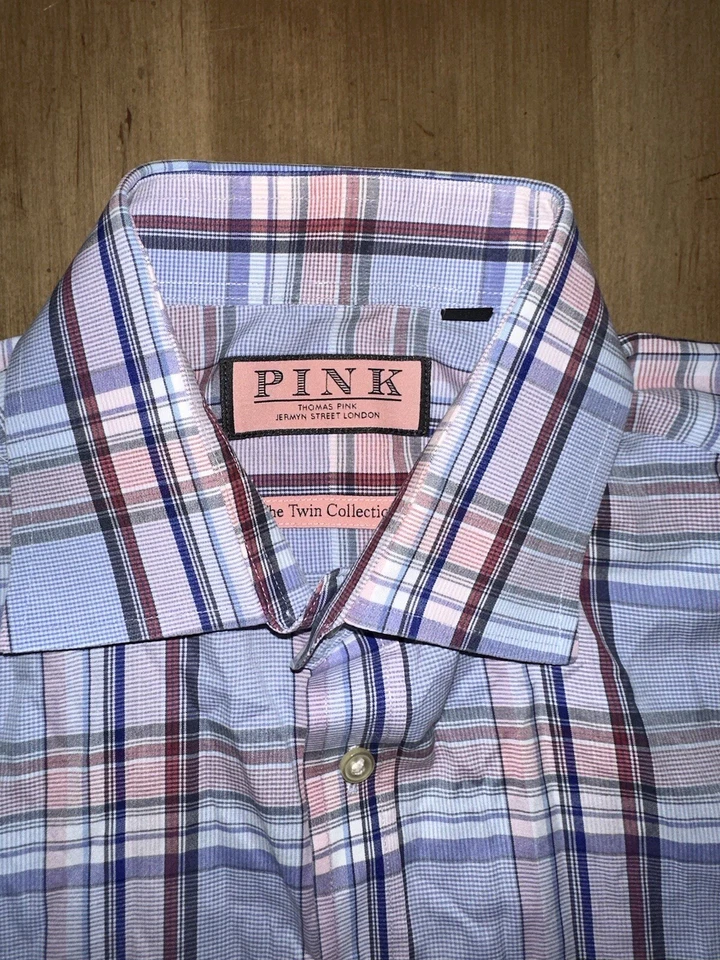 Thomas Pink Shirt Mens 16 41cm Blue Pink Plaid Twin Collection Button Up - Image 1 of 4
