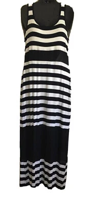 全新 BAILEY 44 海军蓝/白色条纹人造丝针织丝绸无袖背心长裙,L — 第 1/4 张图片