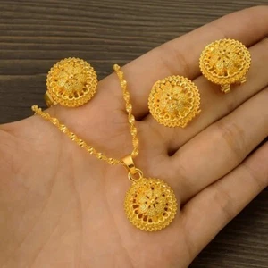 24K Gold Plated Indian Premium Jewelry Set for Women - Necklace, Ring & Earrings - Picture 1 of 7