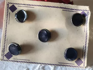 Small Plate Lot Of 5 Antique Blue Silver Glass Buttons Foot 1.3 Cm - Picture 1 of 7