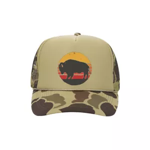 BISON BÜFFELMÜTZE, Büffelsonnenuntergang, OTTOMÜTZE, NETZRÜCKEN, ANPASSBARE DRUCKKNOPFLASCHE TRUCKERKAPPE - Bild 1 von 20
