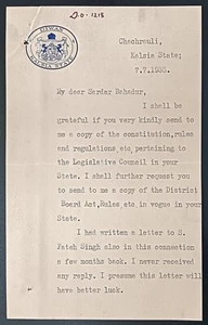 Indien 1933 Wappenbrief DIWAN KALSIA STAAT signiert - Bild 1 von 3