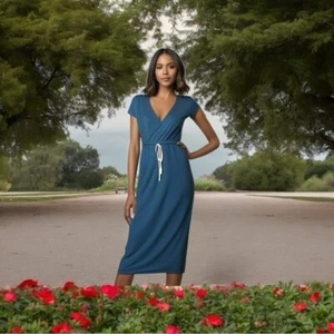 Maxi abito donna nuovo con etichette Sarin Mathews sexy blu cotone scollo a V casual spiaggia - Foto 1 di 13