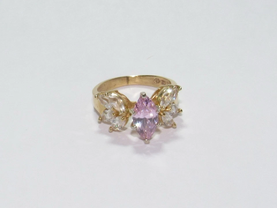 戒指 14K 黄金 粉色/白色 方晶锆石 Marquise 尺寸 4--3.73 克 二手 — 第 1/4 张图片