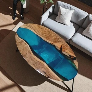 Oval Blue Resin & Wood Coffee Table – Handmade Living Room Table - Picture 1 of 12