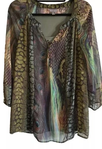 Top Roz & ali verde e multi stampa astratta parzialmente abbottonato manica lunga 2XL - Foto 1 di 15