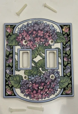 Placa Interruptor Doble Luz Cerámica Vintage Flores Frambuesa Blanca con Tornillos Foto 1 de 4