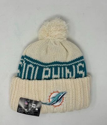 New Era NFL Miami Dolphins Extraíble Pom Tejido Gorro Sombrero Sobre el Campo Blanco Verde azulado Foto 1 de 4