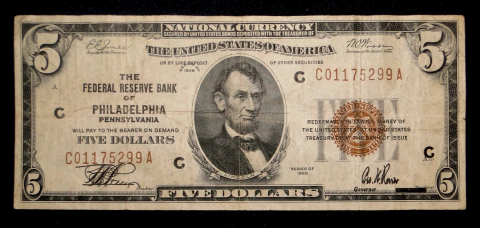 SERIES OF 1929 $5 THE FEDERAL RESERVE BANK OF PHILADELPHIA PA NATIONAL CURRENCY - Image 1 of 2