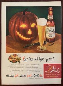 1947 Halloween Blatz Beer Vintage Print Ad Jack O Lantern Pumpkin Carving - Picture 1 of 1