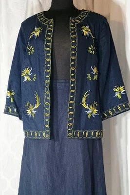 Traje Chaqueta y Falda Dressbarn Mujer Azul Marino Bordado Lino 2 piezas Talla 14W Bonito Foto 1 de 4