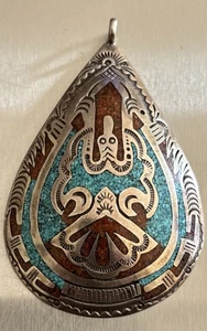 Vintage Navajo IHMJ Sterlingsilber Türkis Koralle Inlay Peyote Vogel Anhänger - Bild 1 von 9