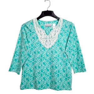Alfred Dunner Top Womens PS Green White 3/4 Sleeve Crochet Octopus Beachy Casual - Picture 1 of 12