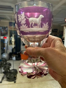 Antiker Amethyst Böhmischer Glaskelch - Pferd - Hirsch - Hund / um 1900 / klar geschliffen - Bild 1 von 8