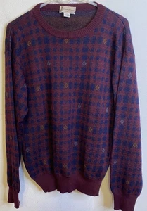 Vintage Copper & Copper Virgin Wool Sweater Plaid Diamond Burgundy Blue LARGE - Picture 1 of 3